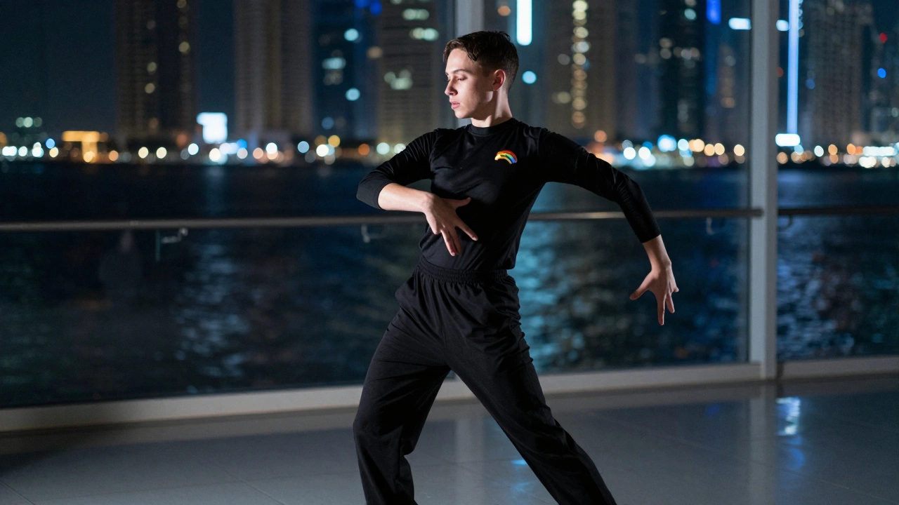 A nonbinary dancer in motion in a Dubai studio, city lights reflecting on the floor behind them.