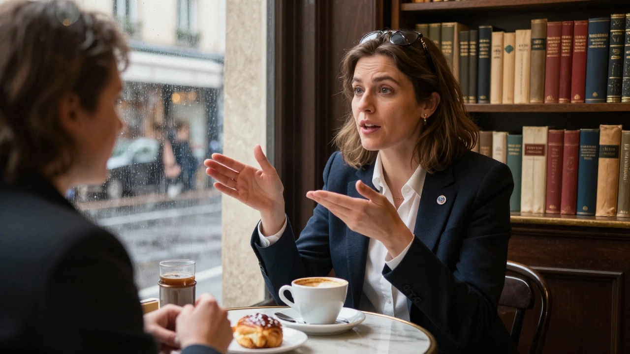 A woman and client talk in a cozy Saint-Germain café, rain on the window, books and pastries on the table.