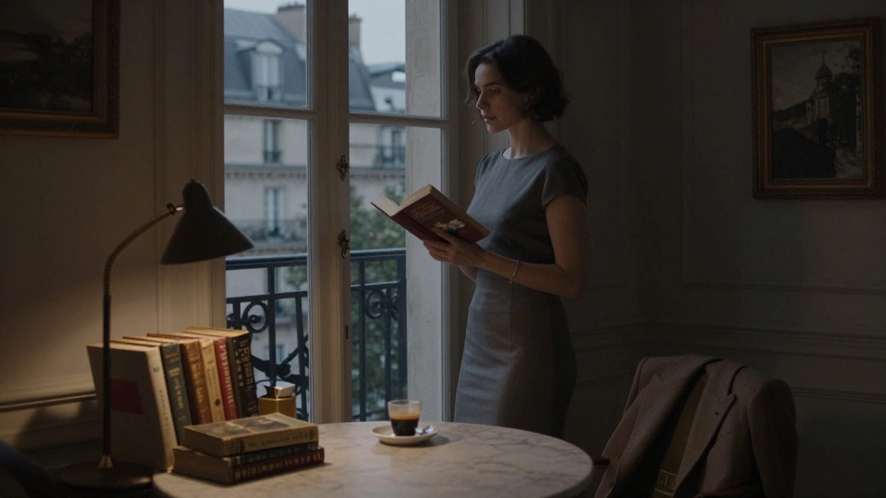 A woman stands by a window in a Paris apartment, books and coffee nearby, soft lamplight illuminating the scene.