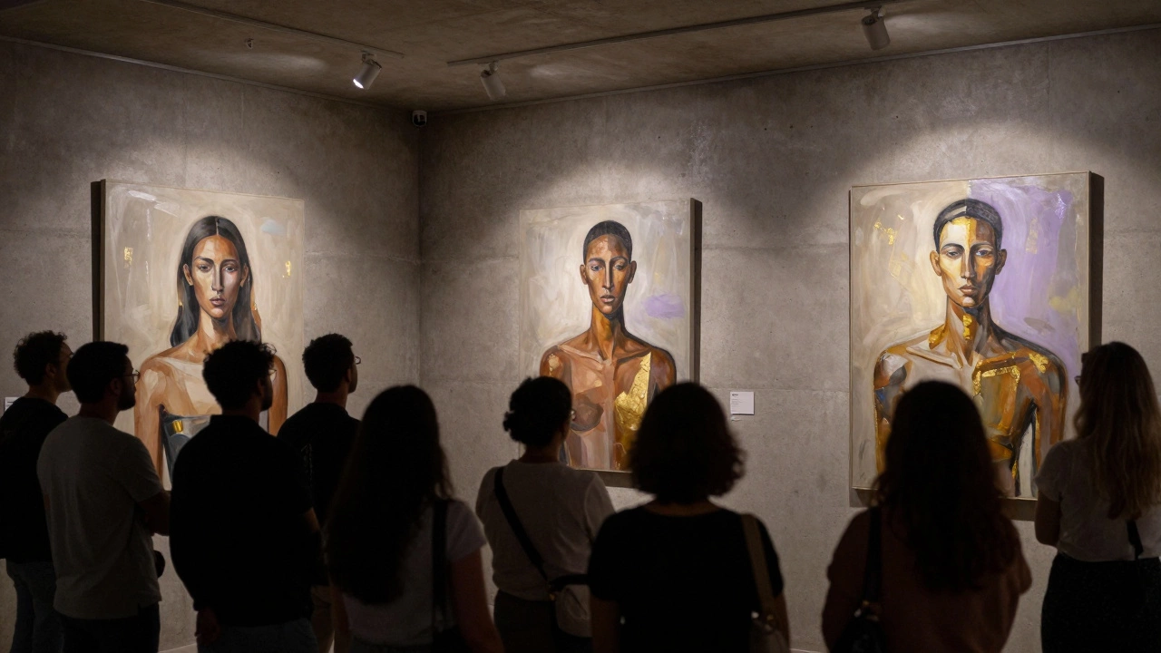 Abstract genderless portraits displayed in a quiet Dubai art gallery under focused spotlights.